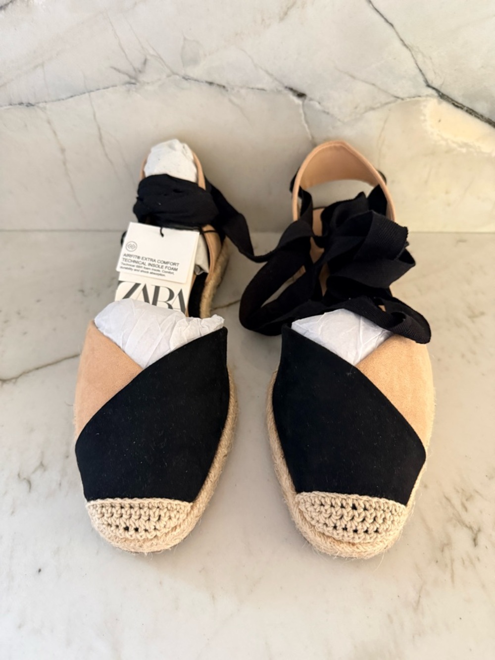 Zara Black and Tan Espadrille Lace-Up Wedges